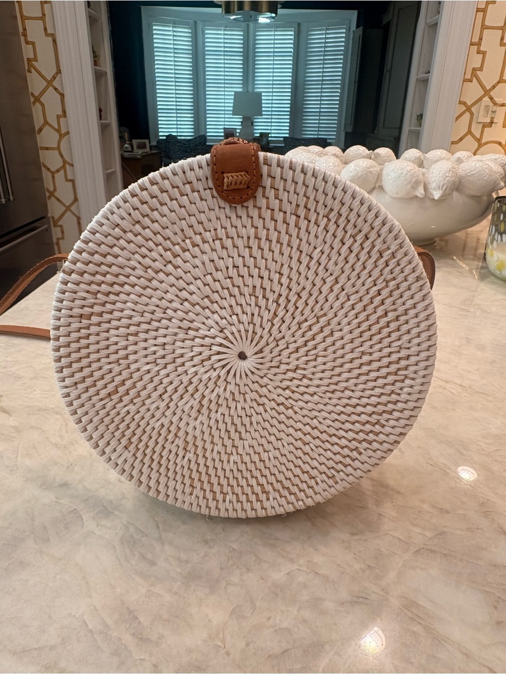 Round Woven Crossbody Bag in White with Tan Trim